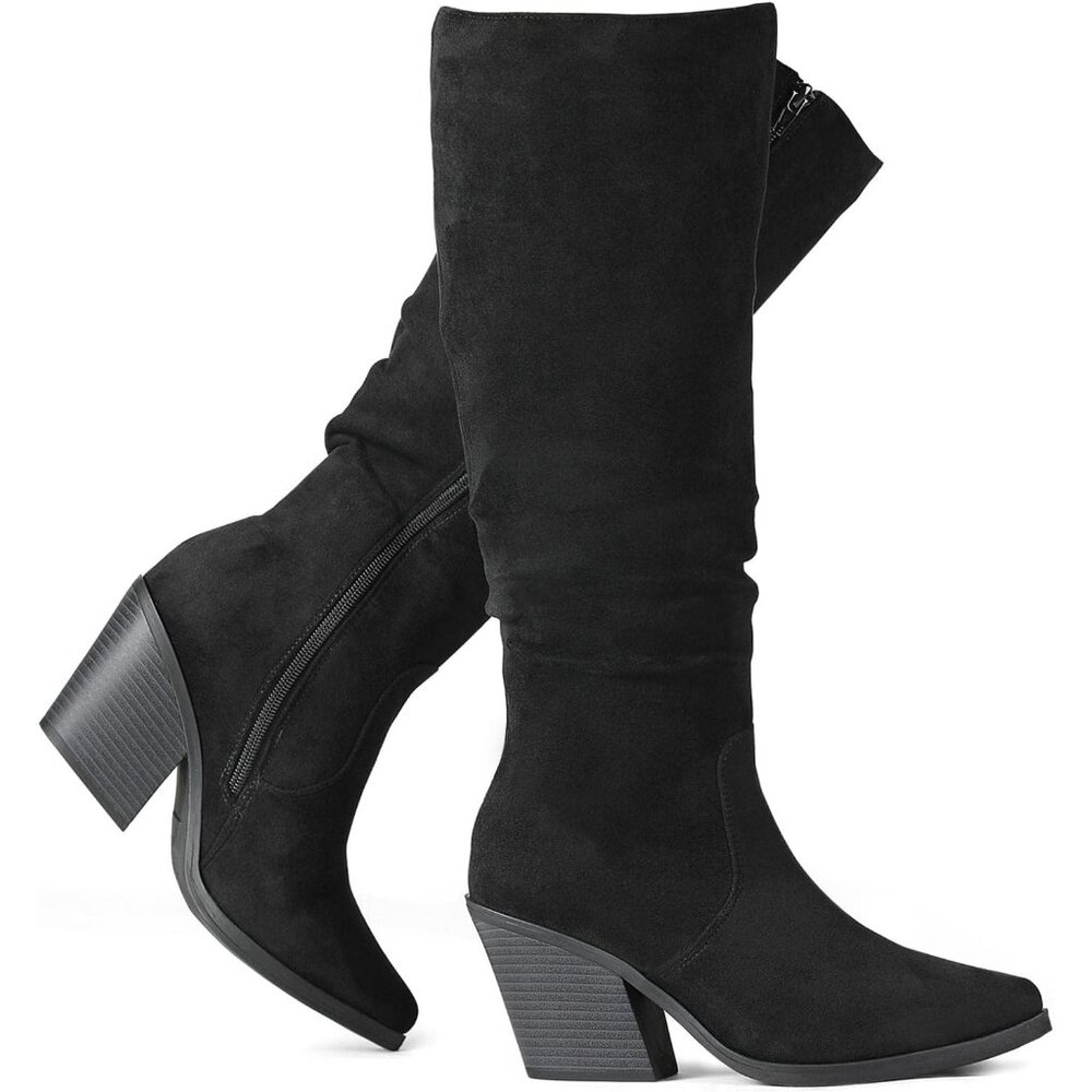 Women's Black Faux Suede Chunky Heel Boots Side Zipper Slouchy Knee High Boots